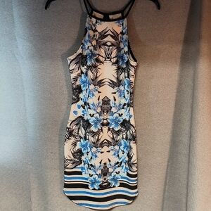 Floral Print Halter Dress - Blue and Black
